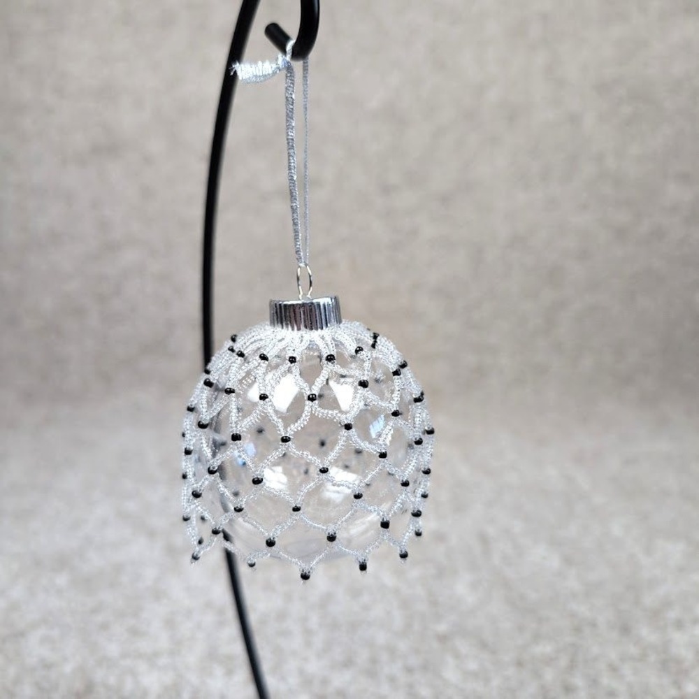 Hand Beaded Clear Plastic Christmas Ornament w/ Black Beaded Netting Silver Cap